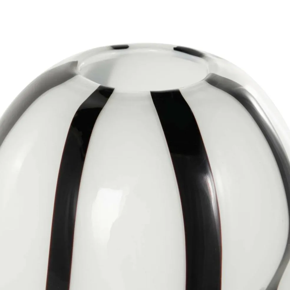 12" White & Black Stripes Glass Round Concaved Vase