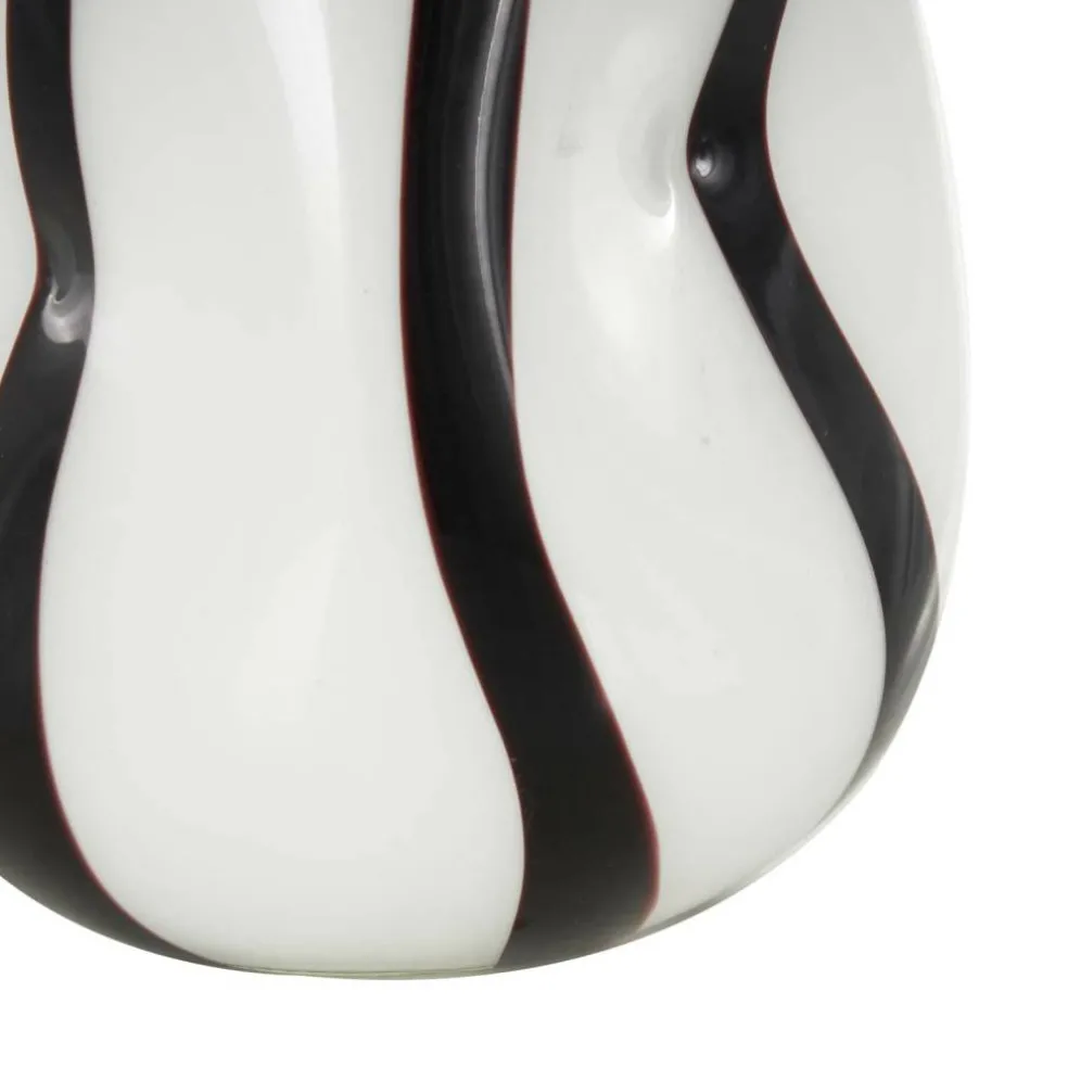 12" White & Black Stripes Glass Round Concaved Vase