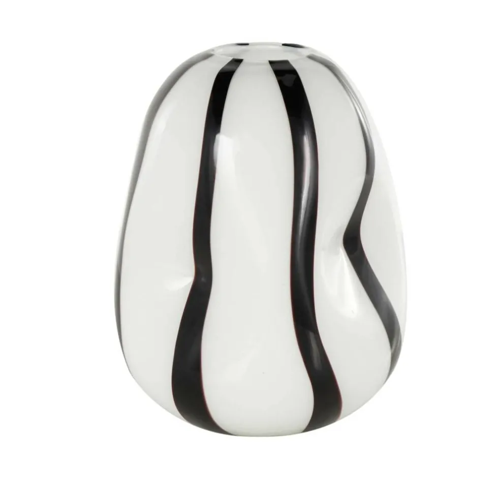 12" White & Black Stripes Glass Round Concaved Vase