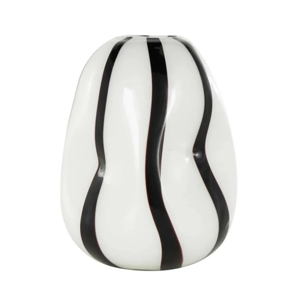 12" White & Black Stripes Glass Round Concaved Vase