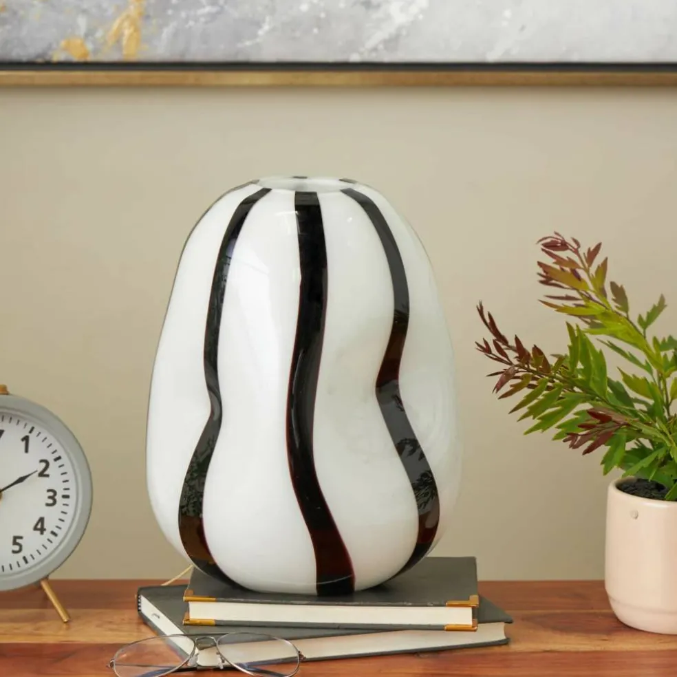 12" White & Black Stripes Glass Round Concaved Vase