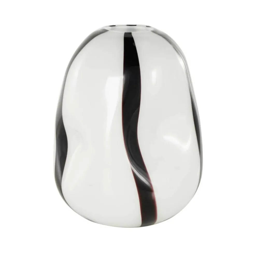 12" White & Black Stripes Glass Round Concaved Vase