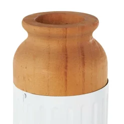 White & Brown Grooved Texture Metal & Wood Vase Set