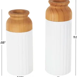 White & Brown Grooved Texture Metal & Wood Vase Set