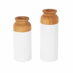 White & Brown Grooved Texture Metal & Wood Vase Set
