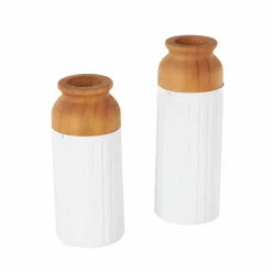 White & Brown Grooved Texture Metal & Wood Vase Set