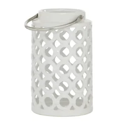 White Ceramic Contemporary Candle Holder Lantern, 11" x 7" x 8"