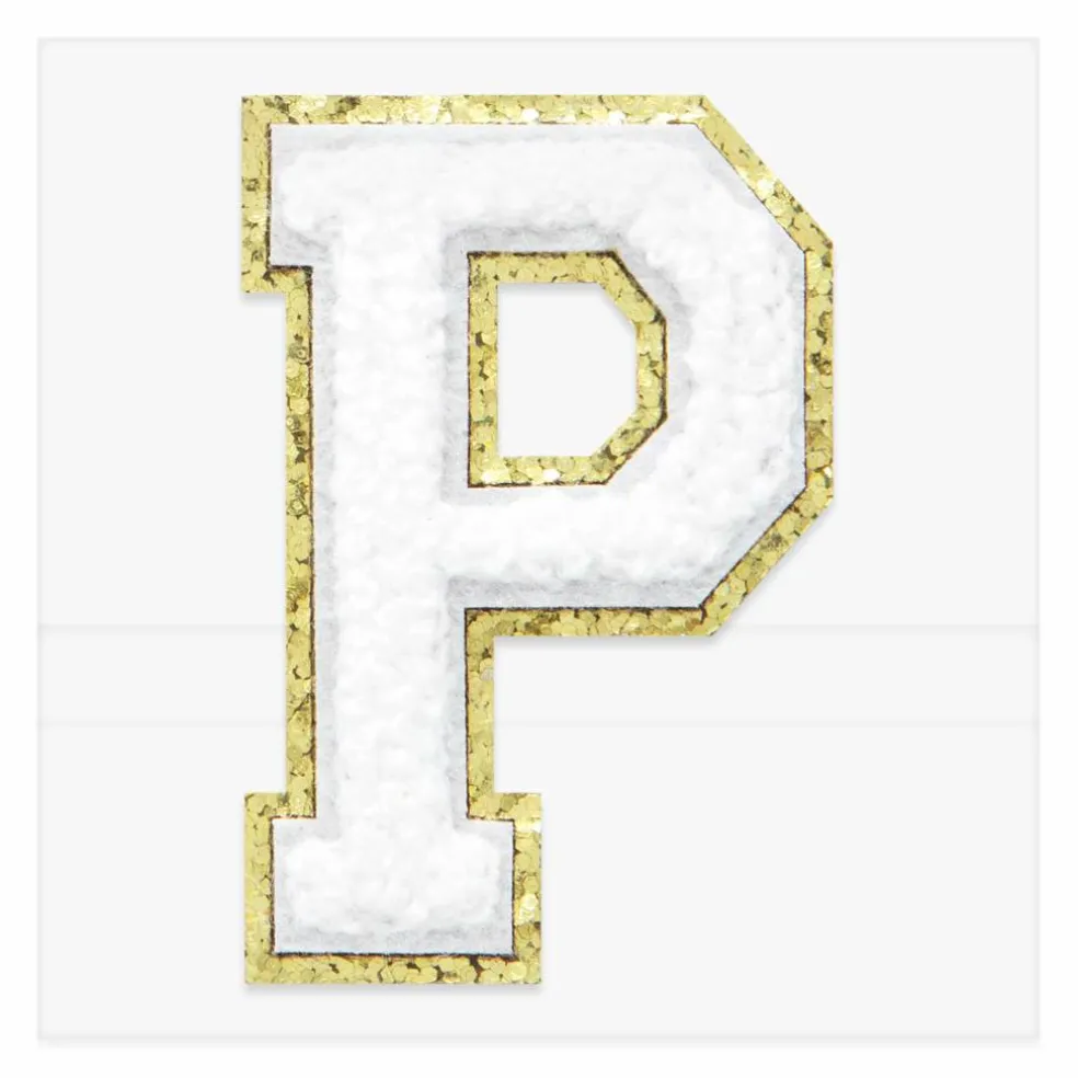 2.25" White Chenille & Gold Glitter Edge Letter Iron-On & Adhesive Patch by Make Market®