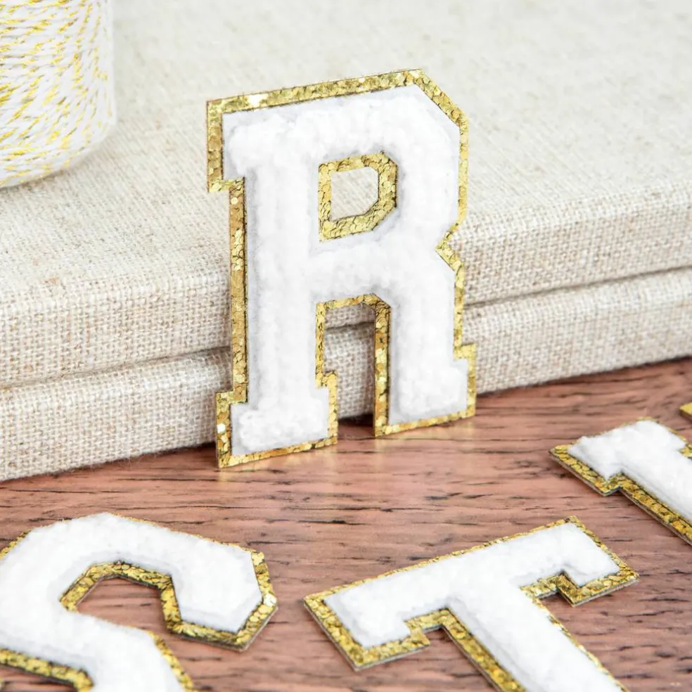 2.25" White Chenille & Gold Glitter Edge Letter Iron-On & Adhesive Patch by Make Market®