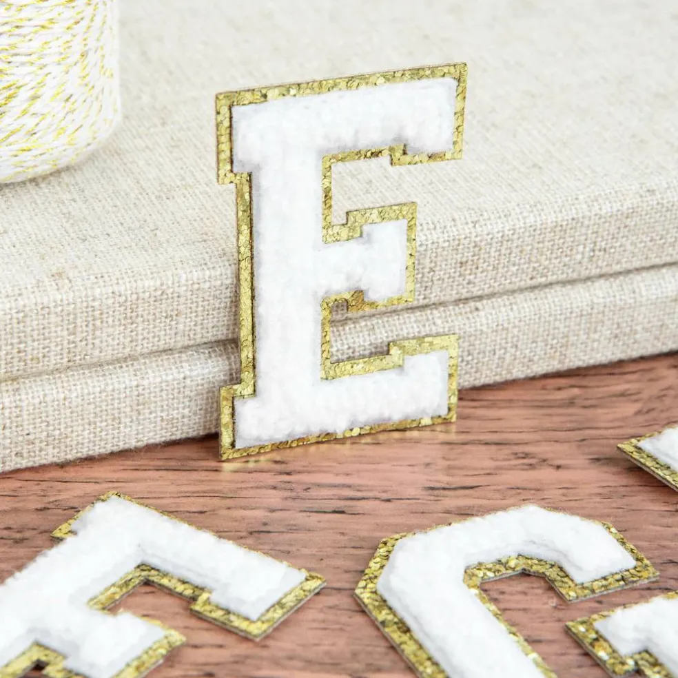 2.25" White Chenille & Gold Glitter Edge Letter Iron-On & Adhesive Patch by Make Market®