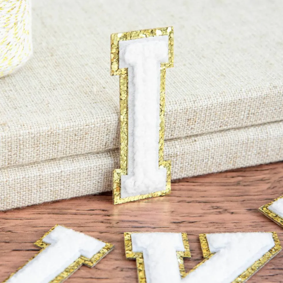 2.25" White Chenille & Gold Glitter Edge Letter Iron-On & Adhesive Patch by Make Market®