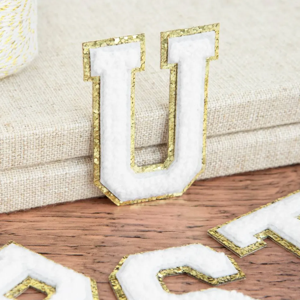 2.25" White Chenille & Gold Glitter Edge Letter Iron-On & Adhesive Patch by Make Market®