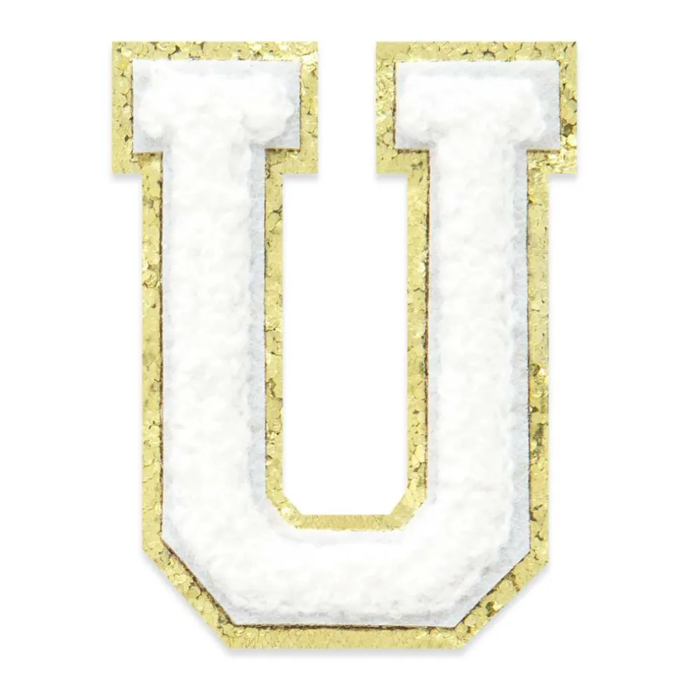 2.25" White Chenille & Gold Glitter Edge Letter Iron-On & Adhesive Patch by Make Market®