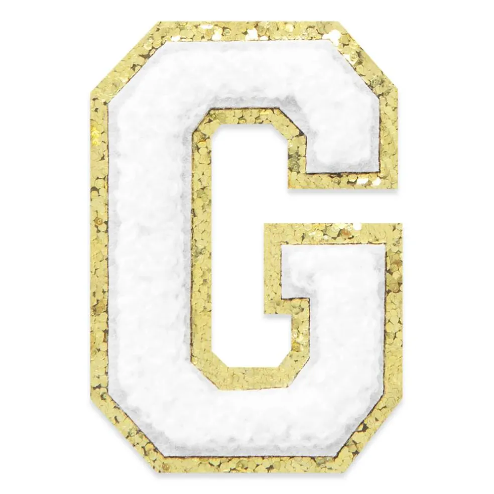 2.25" White Chenille & Gold Glitter Edge Letter Iron-On & Adhesive Patch by Make Market®