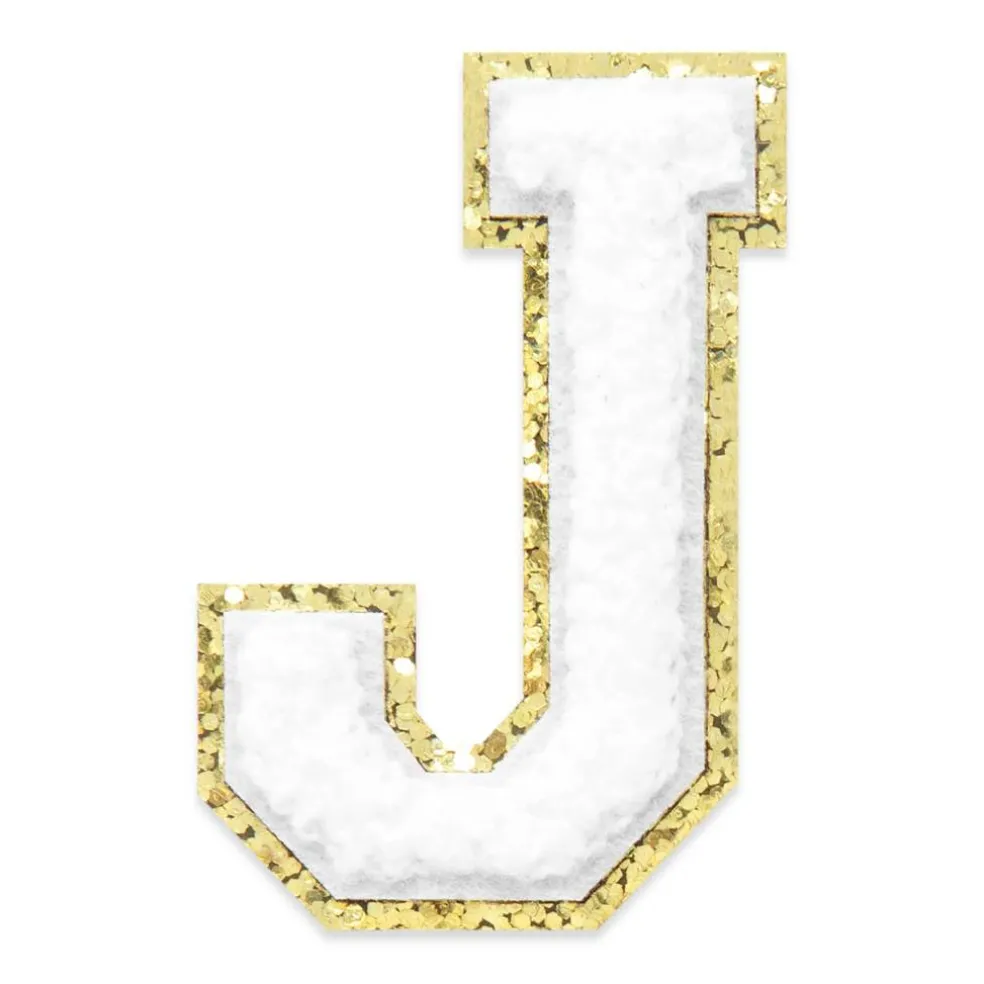 2.25" White Chenille & Gold Glitter Edge Letter Iron-On & Adhesive Patch by Make Market®