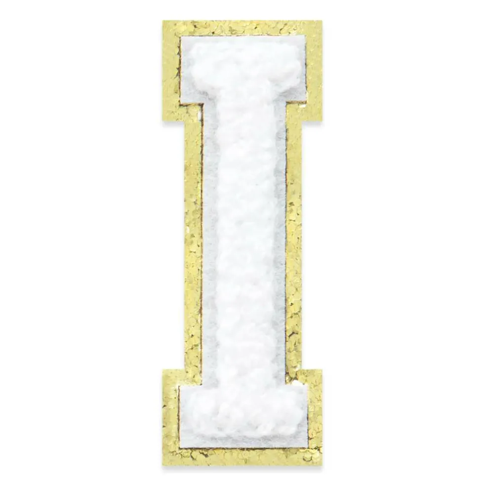 2.25" White Chenille & Gold Glitter Edge Letter Iron-On & Adhesive Patch by Make Market®