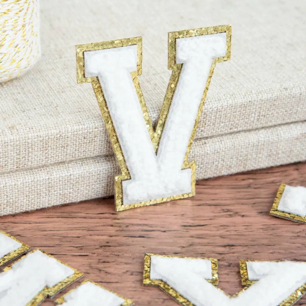 2.25" White Chenille & Gold Glitter Edge Letter Iron-On & Adhesive Patch by Make Market®