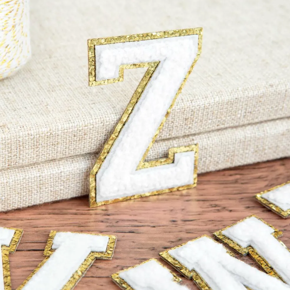 2.25" White Chenille & Gold Glitter Edge Letter Iron-On & Adhesive Patch by Make Market®