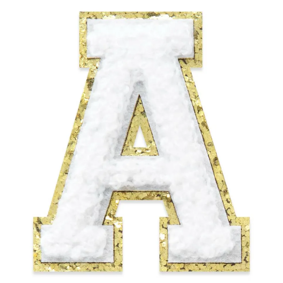2.25" White Chenille & Gold Glitter Edge Letter Iron-On & Adhesive Patch by Make Market®