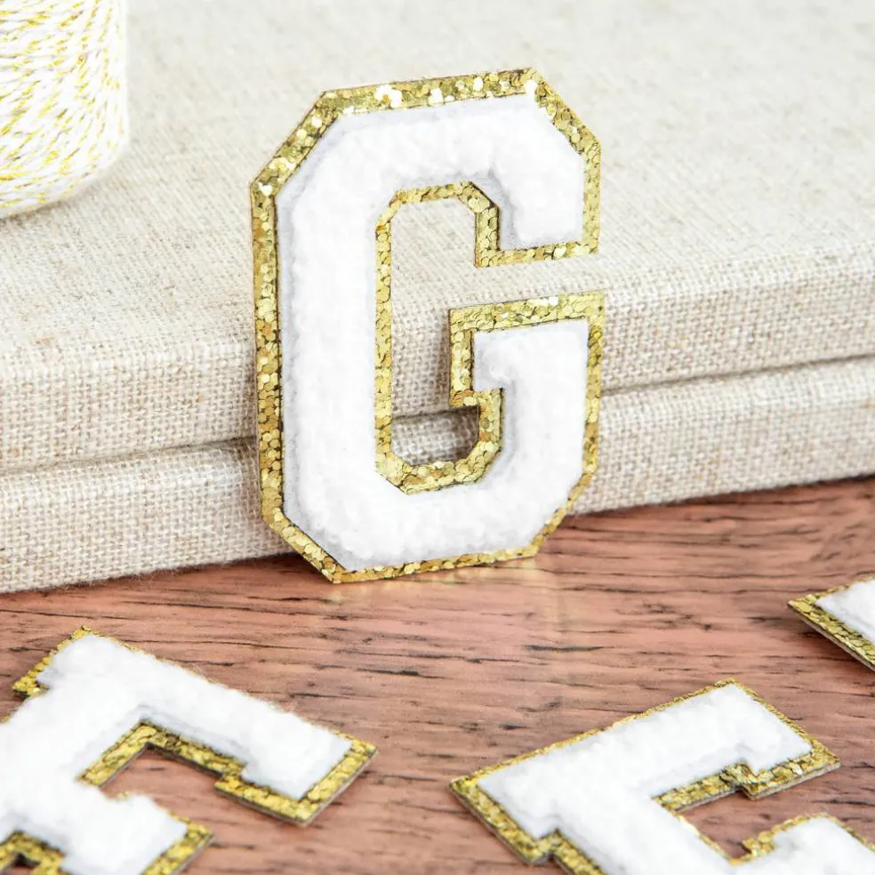 2.25" White Chenille & Gold Glitter Edge Letter Iron-On & Adhesive Patch by Make Market®