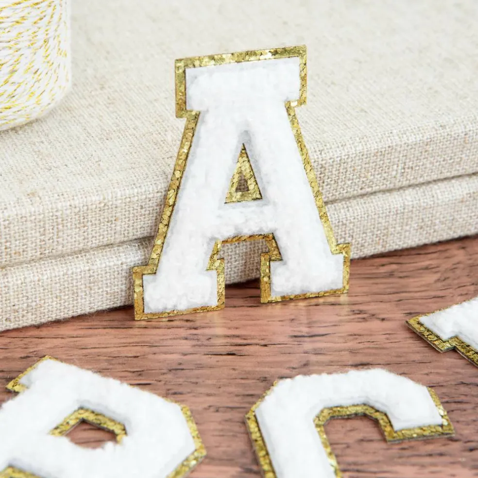 2.25" White Chenille & Gold Glitter Edge Letter Iron-On & Adhesive Patch by Make Market®
