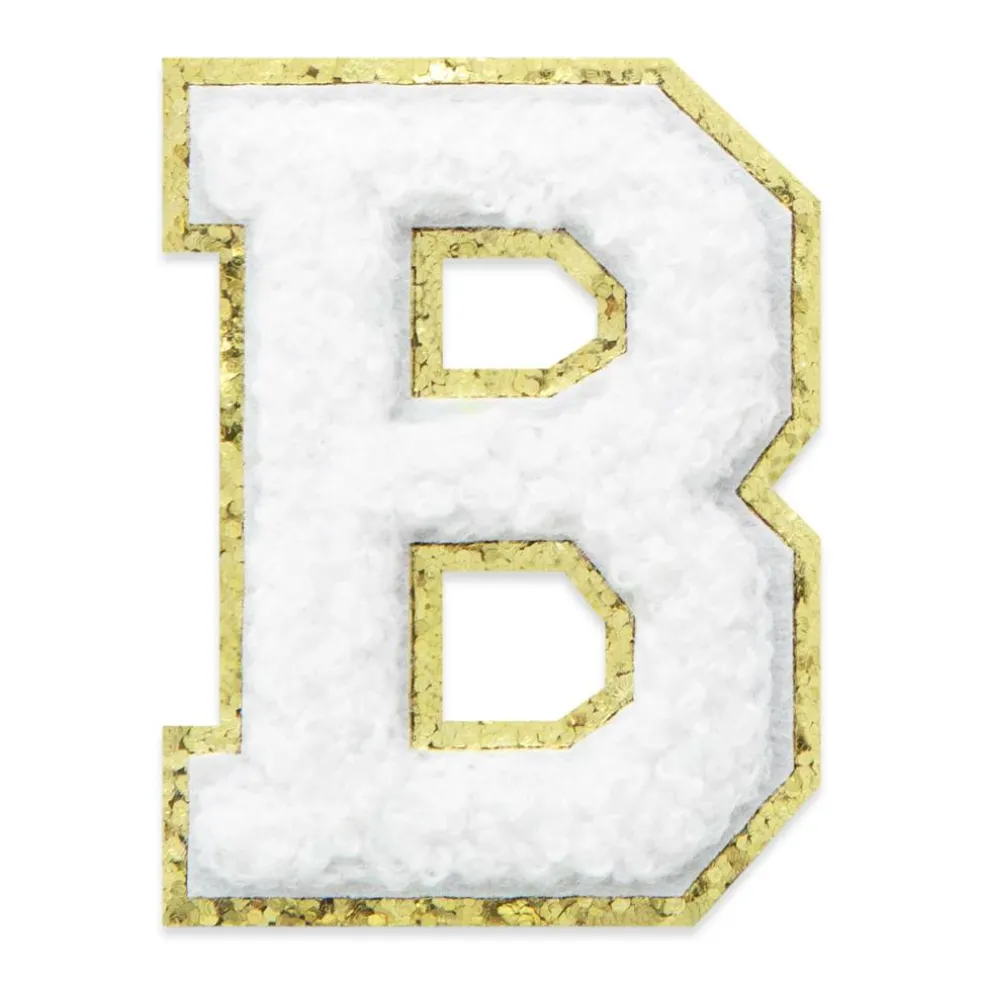 2.25" White Chenille & Gold Glitter Edge Letter Iron-On & Adhesive Patch by Make Market®