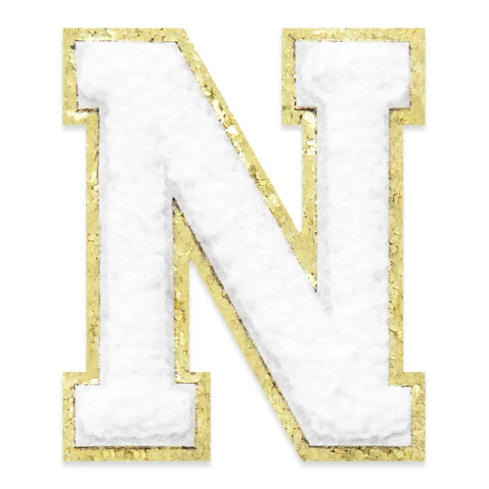 2.25" White Chenille & Gold Glitter Edge Letter Iron-On & Adhesive Patch by Make Market®