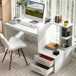 White Computer Desk with Drawers and Bookshelf 51" Home Office Writing Table with Storage
