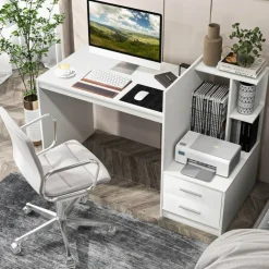 White Computer Desk with Drawers and Bookshelf 51