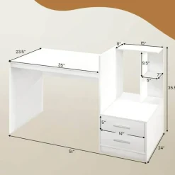 White Computer Desk with Drawers and Bookshelf 51