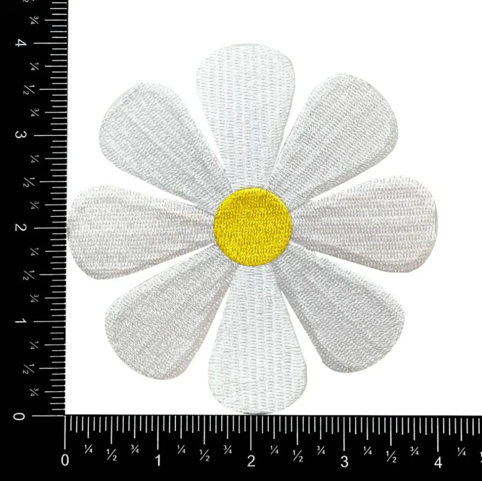 4" White Daisy Flower with Yellow Pistil, Embroidered, Iron on Patch