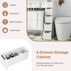 White 5-Drawer Slim Rolling Storage Cabinet with Wheels for Narrow Spaces