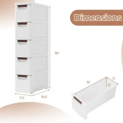 White 5-Drawer Slim Rolling Storage Cabinet with Wheels for Narrow Spaces