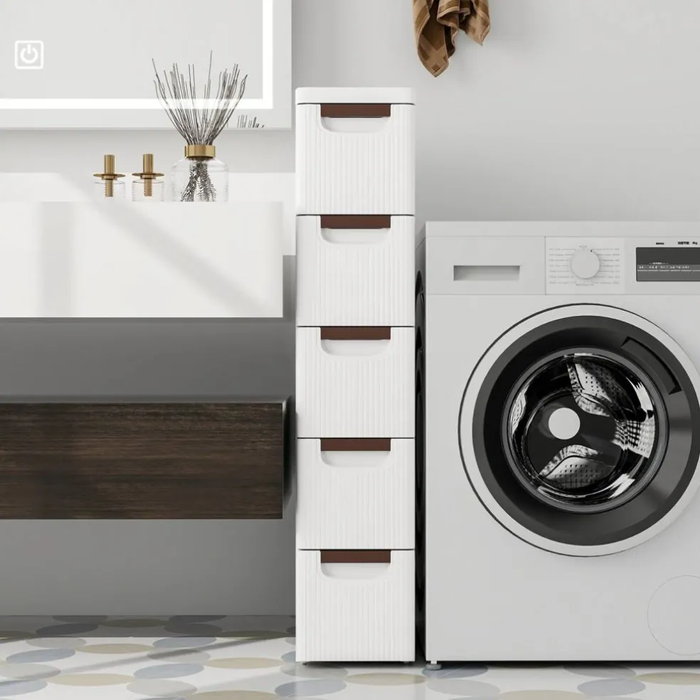 White 5-Drawer Slim Rolling Storage Cabinet with Wheels for Narrow Spaces