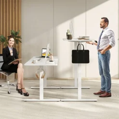 White Electric Standing Desk with 3 Memory Heights and 2 Hanging Hooks and Cable Holes
