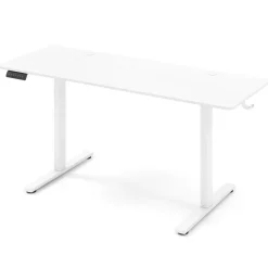 White Electric Standing Desk with 3 Memory Heights and 2 Hanging Hooks and Cable Holes