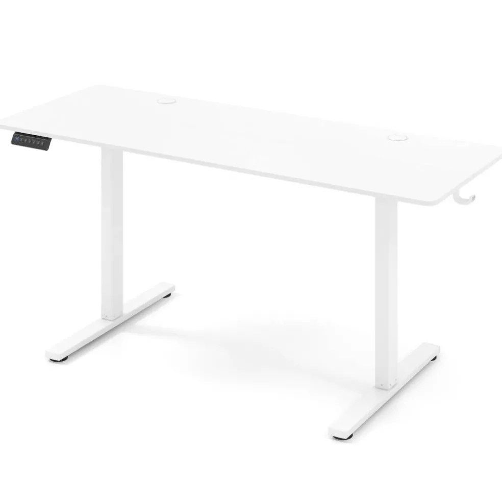 White Electric Standing Desk with 3 Memory Heights and 2 Hanging Hooks and Cable Holes