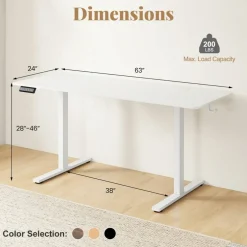 White Electric Standing Desk with 3 Memory Heights and 2 Hanging Hooks and Cable Holes