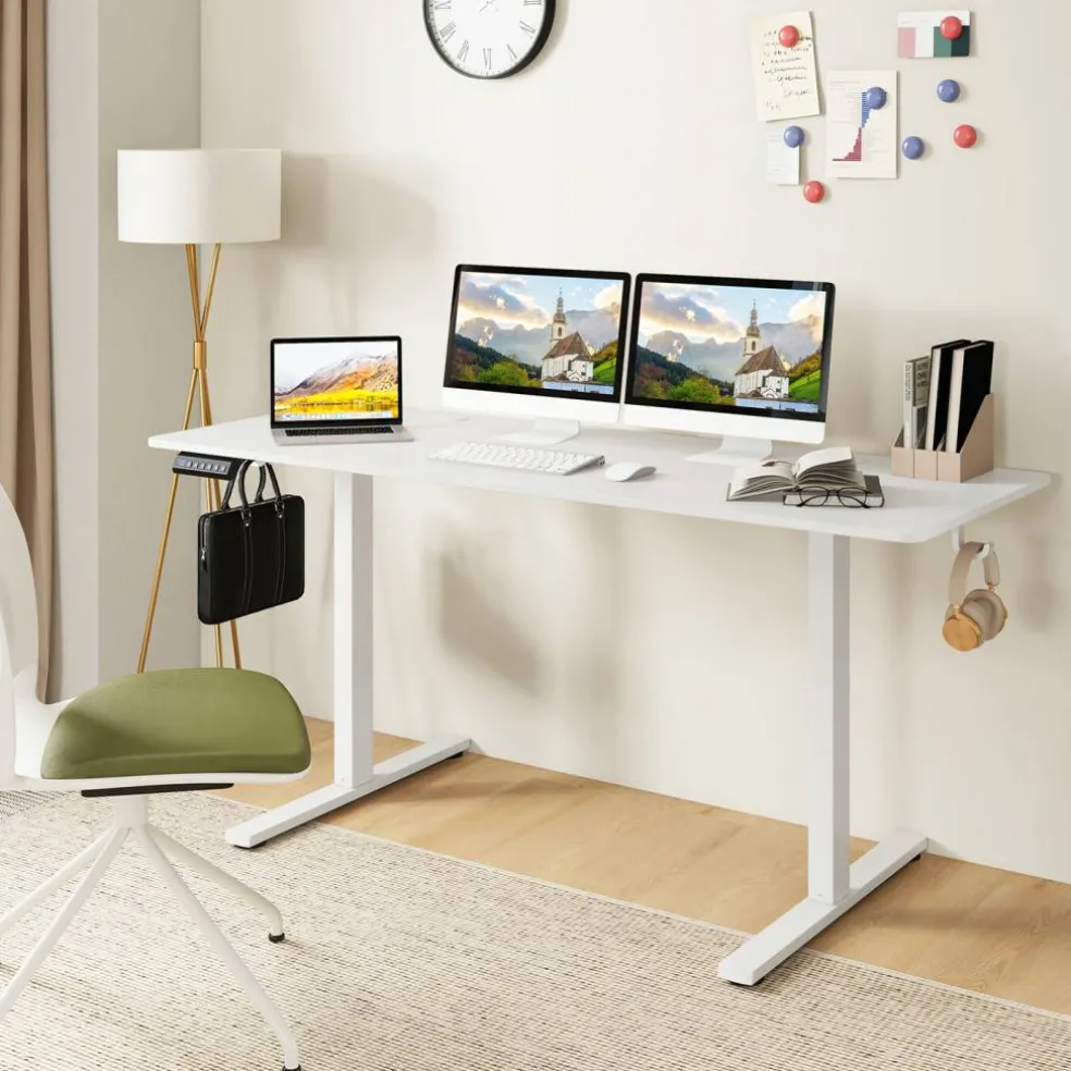 White Electric Standing Desk with 3 Memory Heights and 2 Hanging Hooks and Cable Holes
