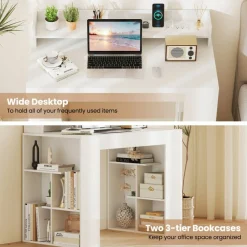 White Engineered Wood Computer Desk with Power Strip and 3-Tier Bookcases