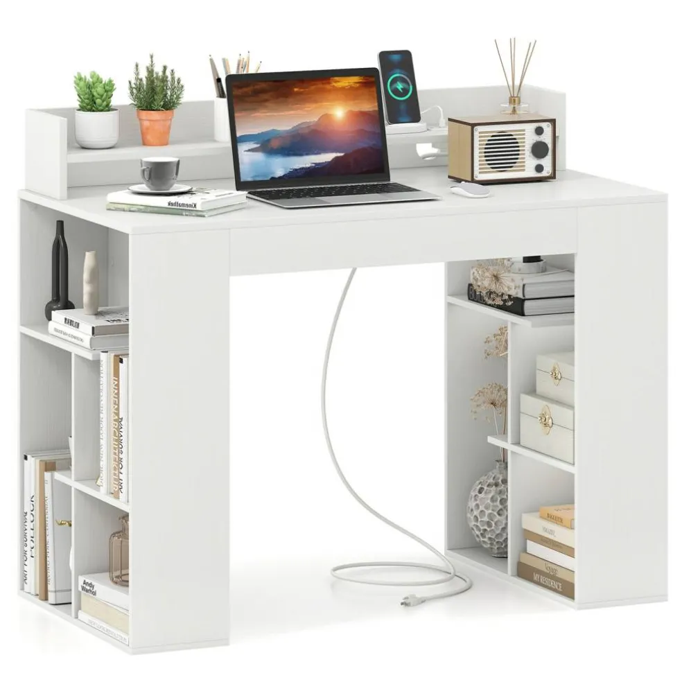 White Engineered Wood Computer Desk with Power Strip and 3-Tier Bookcases