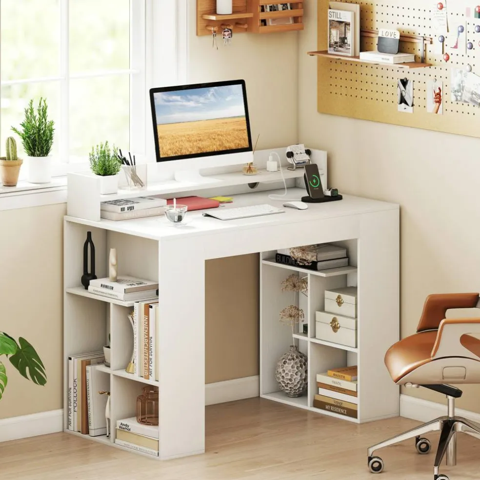 White Engineered Wood Computer Desk with Power Strip and 3-Tier Bookcases