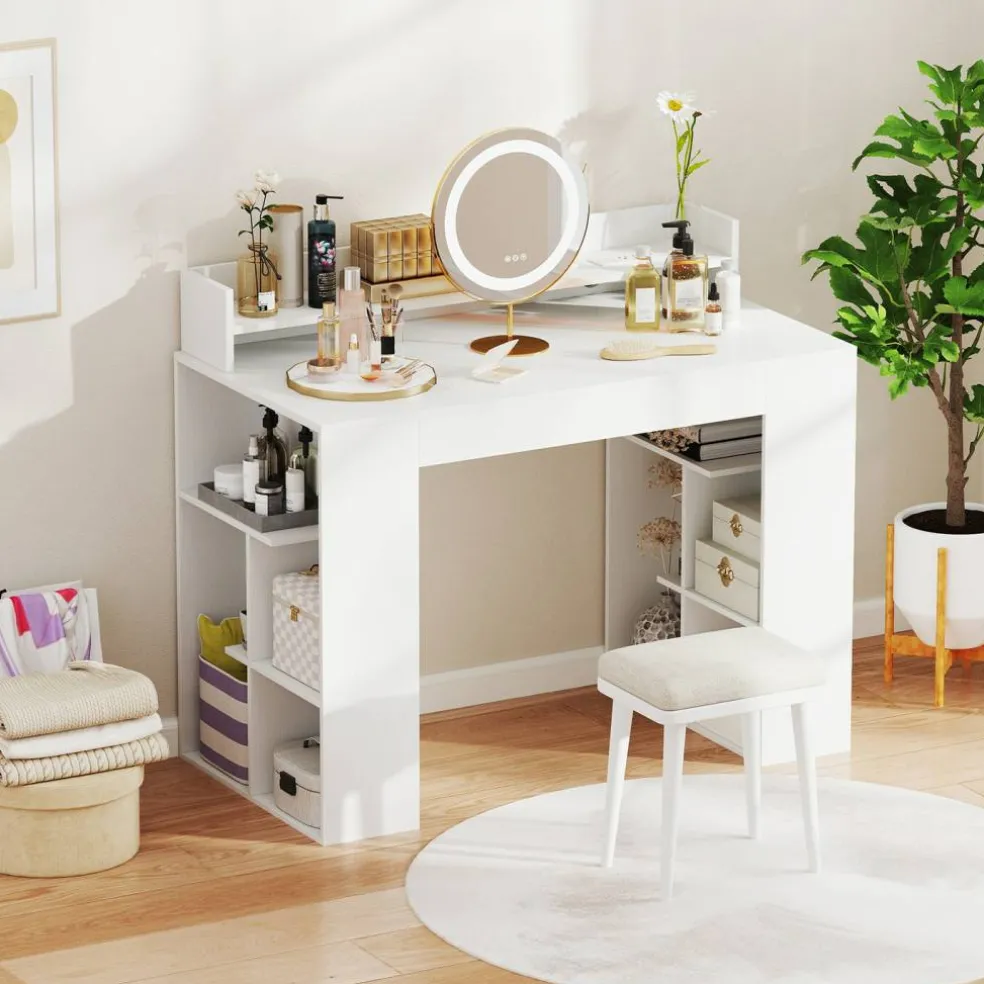 White Engineered Wood Computer Desk with Power Strip and 3-Tier Bookcases