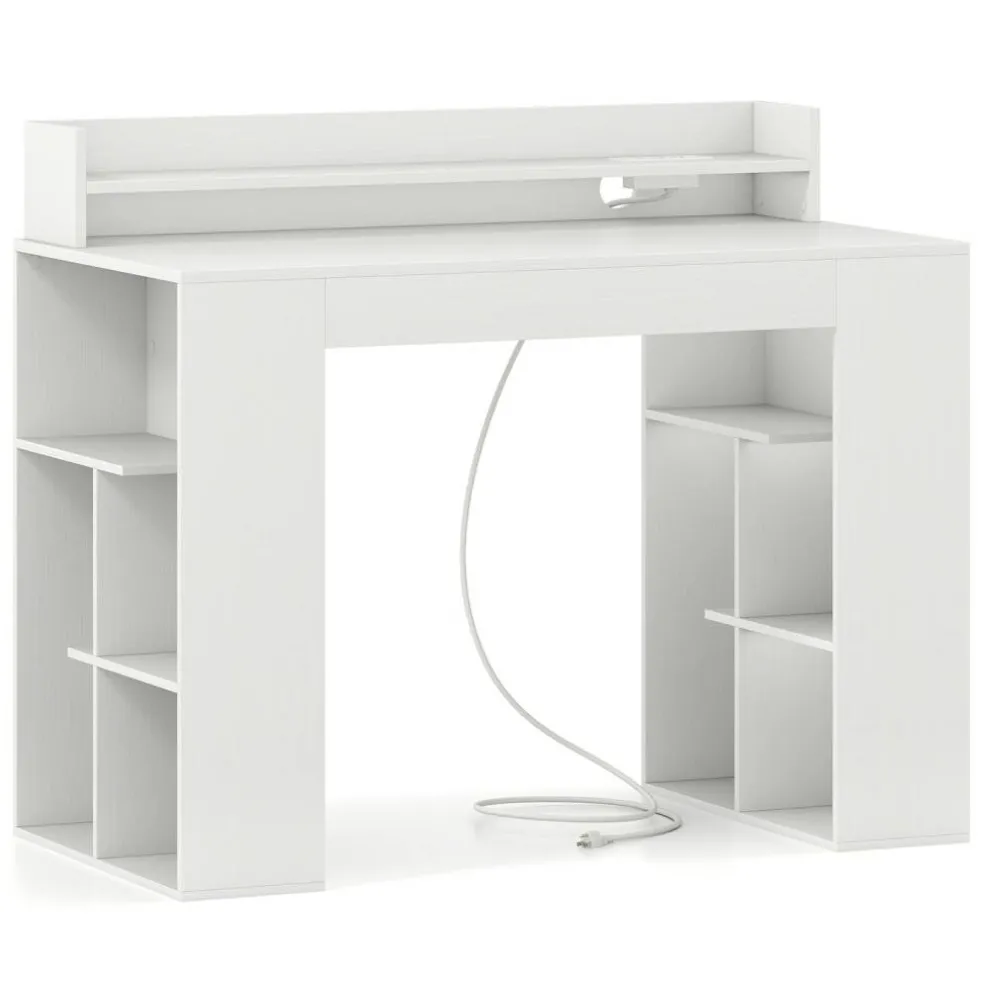 White Engineered Wood Computer Desk with Power Strip and 3-Tier Bookcases