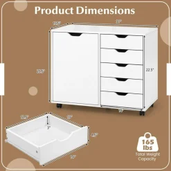 White Engineered Wood Storage Cabinet with Drawers and Swivel Casters