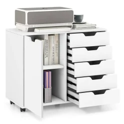 White Engineered Wood Storage Cabinet with Drawers and Swivel Casters