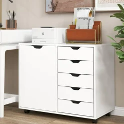 White Engineered Wood Storage Cabinet with Drawers and Swivel Casters