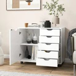 White Engineered Wood Storage Cabinet with Drawers and Swivel Casters