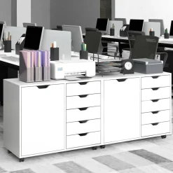 White Engineered Wood Storage Cabinet with Drawers and Swivel Casters