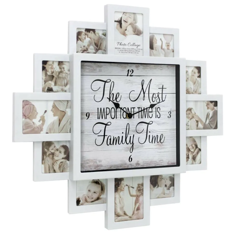 White Farmhouse Shabby-Chic "Family Time" Picture Frame Wall Collage Clock